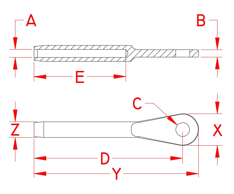 Stainless Steel Swage Eye, swage terminal, S0733-0001, S0733-0002, S0733-0003, S0733-0004, S0733-0005, S0733-0006, S0733-0007, S0733-0009, S0733-0010, S0733-0013, Line Drawing